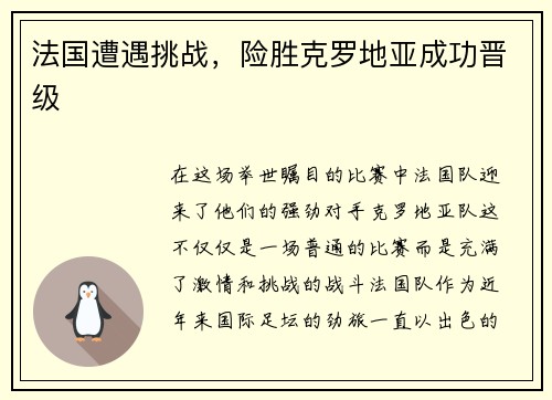 法国遭遇挑战，险胜克罗地亚成功晋级