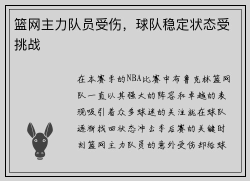 篮网主力队员受伤，球队稳定状态受挑战