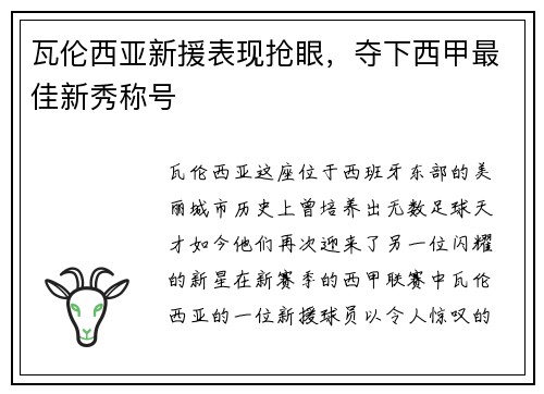瓦伦西亚新援表现抢眼，夺下西甲最佳新秀称号