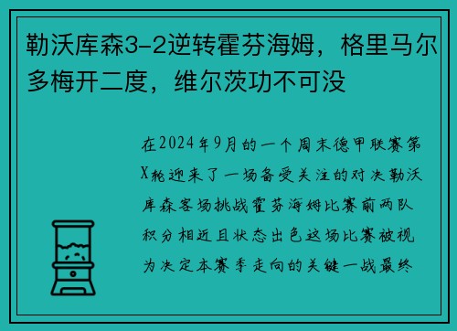 勒沃库森3-2逆转霍芬海姆，格里马尔多梅开二度，维尔茨功不可没