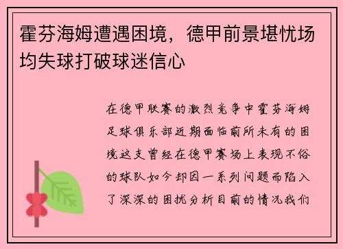 霍芬海姆遭遇困境，德甲前景堪忧场均失球打破球迷信心