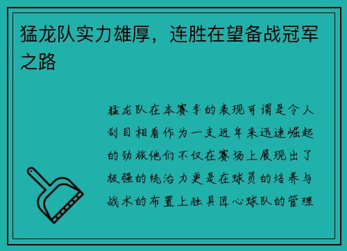 猛龙队实力雄厚，连胜在望备战冠军之路