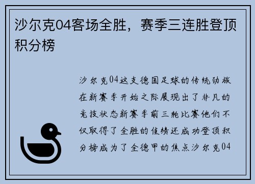 沙尔克04客场全胜，赛季三连胜登顶积分榜