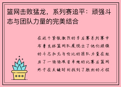 篮网击败猛龙，系列赛追平：顽强斗志与团队力量的完美结合