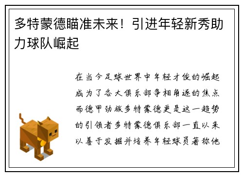 多特蒙德瞄准未来！引进年轻新秀助力球队崛起