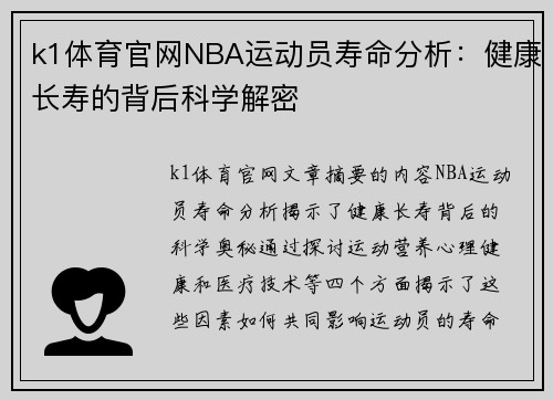 k1体育官网NBA运动员寿命分析：健康长寿的背后科学解密