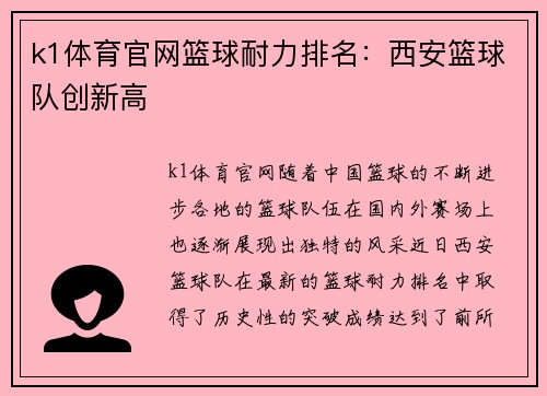 k1体育官网篮球耐力排名：西安篮球队创新高