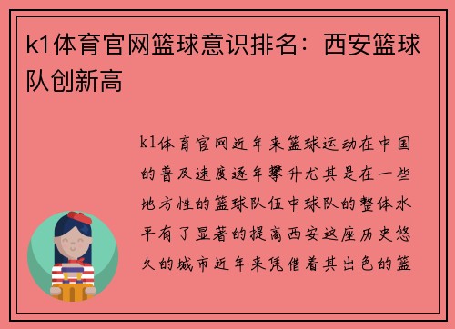 k1体育官网篮球意识排名：西安篮球队创新高