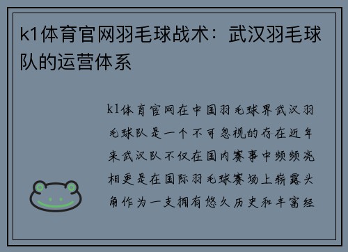 k1体育官网羽毛球战术：武汉羽毛球队的运营体系
